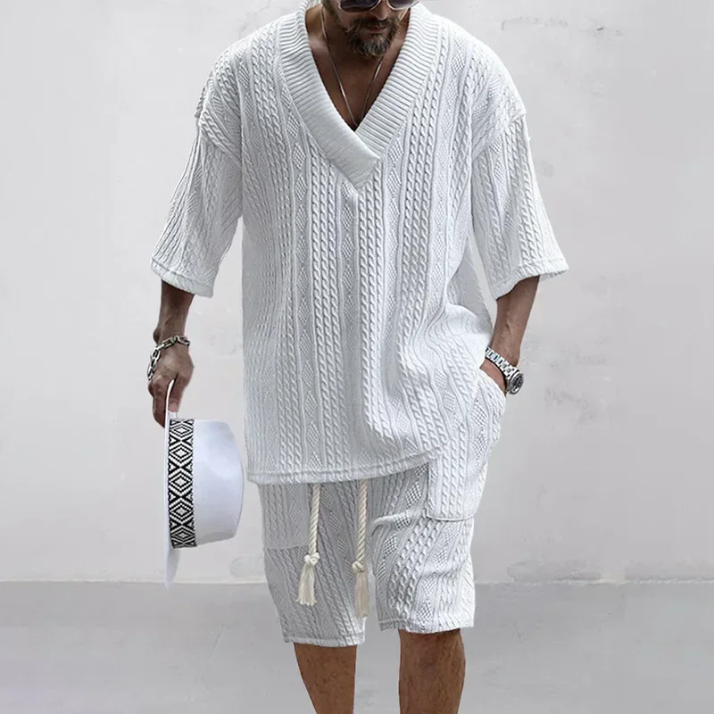 Ensemble deux pièces tricoté pour hommes, ensemble Short et haut décontracté, col en v, T-shirt à manches courtes et Short, Streetwear, tenues en tricot, été