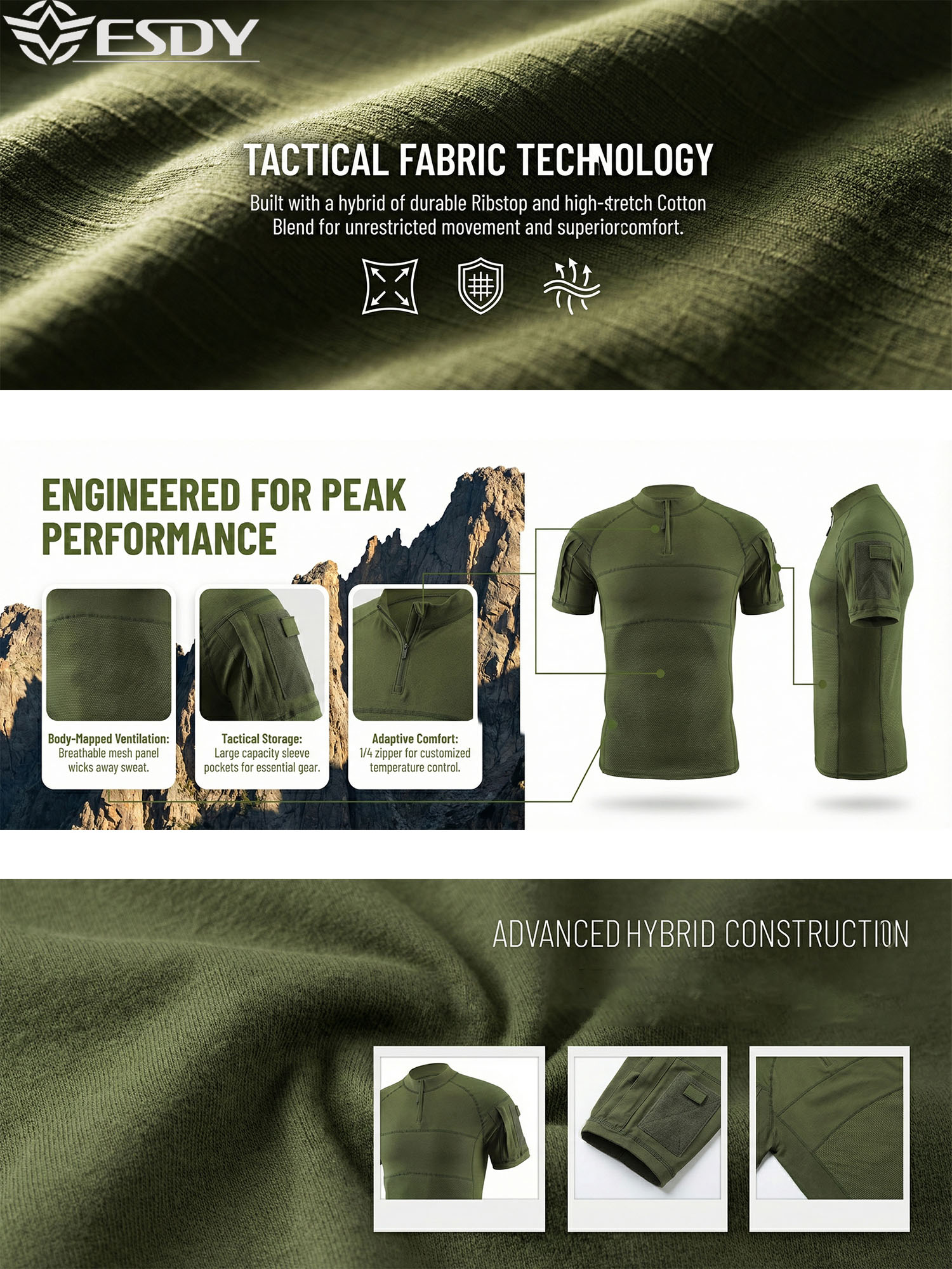 T-shirt tactique à haute élasticité pour hommes, chemise de combat militaire respirante et résistante à l'usure avec poches sur les bras pour la chasse, le camping et la randonnée