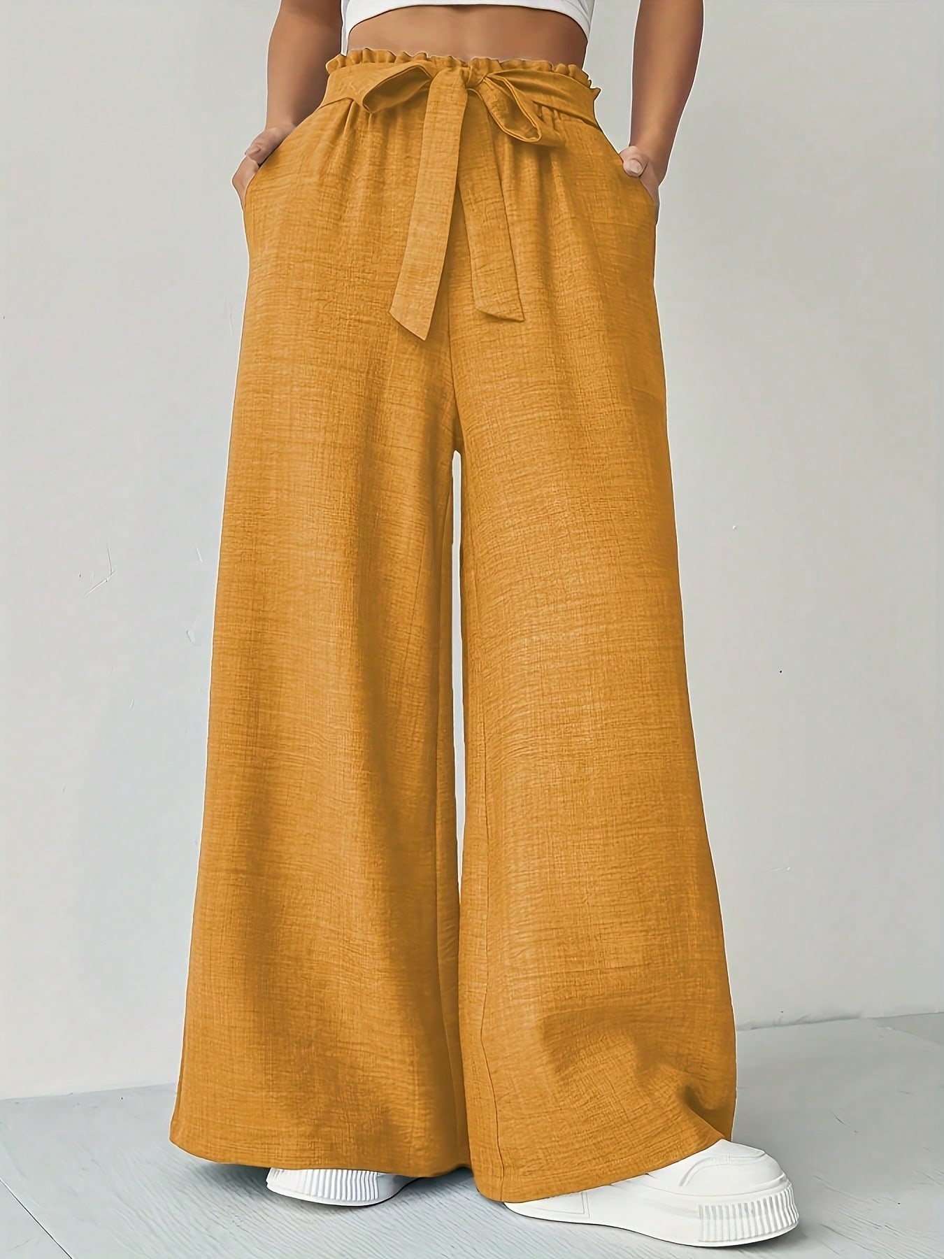 Tendance, confortable, polyvalent, pantalon d’été à taille haute et coupe ajustée, pantalon ample de couleur unie, pantalon long, vêtements pour femmes.