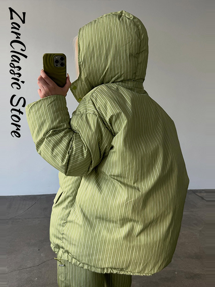Ensemble décontracté pour femme : Manteau rembourré en coton à rayures, veste à capuche zippée à manches longues et pantalon à taille élastique – Collection Hiver 2026
