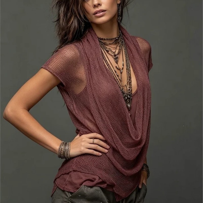 Nouvel ensemble deux pièces d'été 2026 pour femme : Blouse bohème tricotée à col halter et haut à manches courtes avec bretelles, idéal pour les vacances