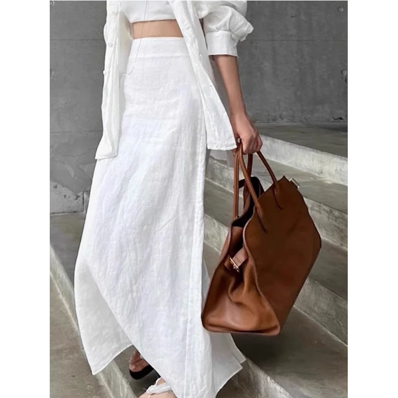 Jupe longue élégante en coton blanc uni pour femme, fendue, taille haute, coupe droite, longueur cheville, idéale pour le bureau