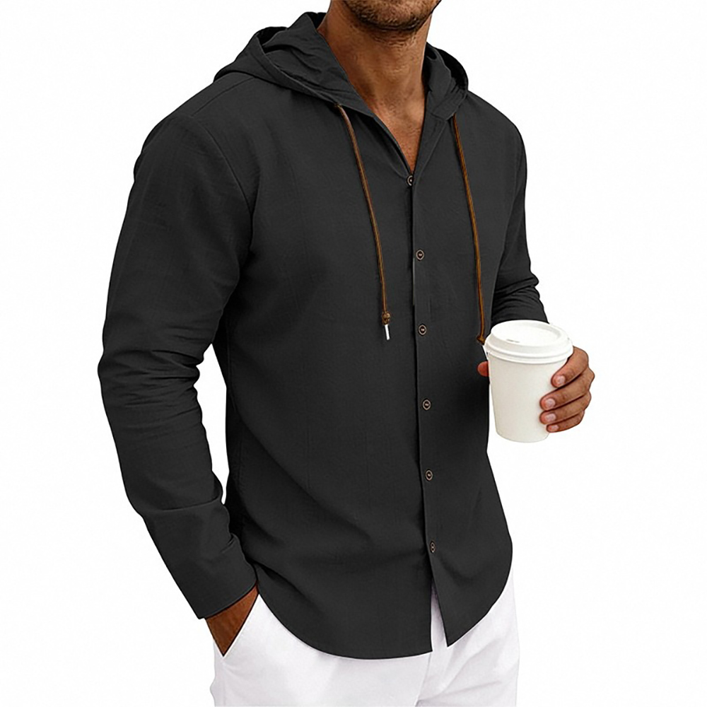 Chemise à capuche pour homme en coton et lin, couleur unie, style simple, avec cordon de serrage, style basique, confortable, légère, décontractée, à boutons