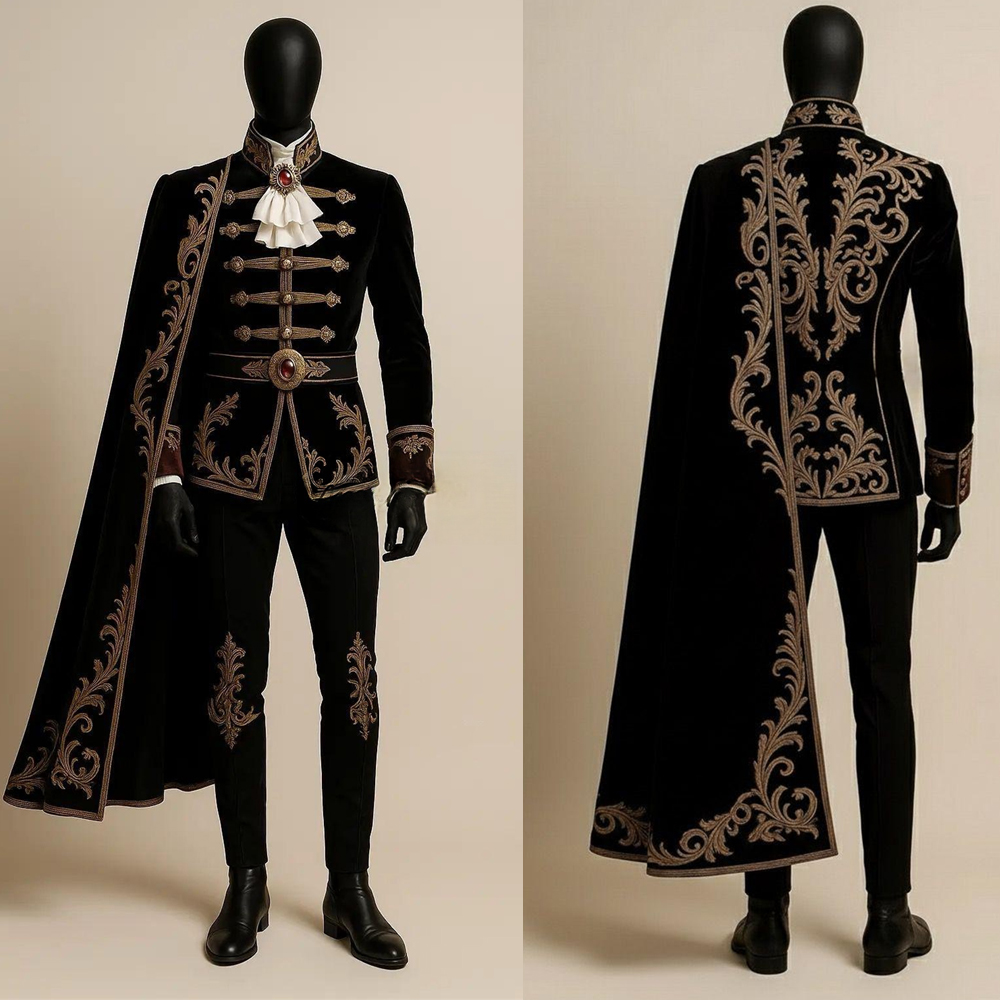 Noir or brodé victorien Rococo Baroque gothique Prince roi aristocrate Gentleman médiéval chevalier Costume tenue militaire