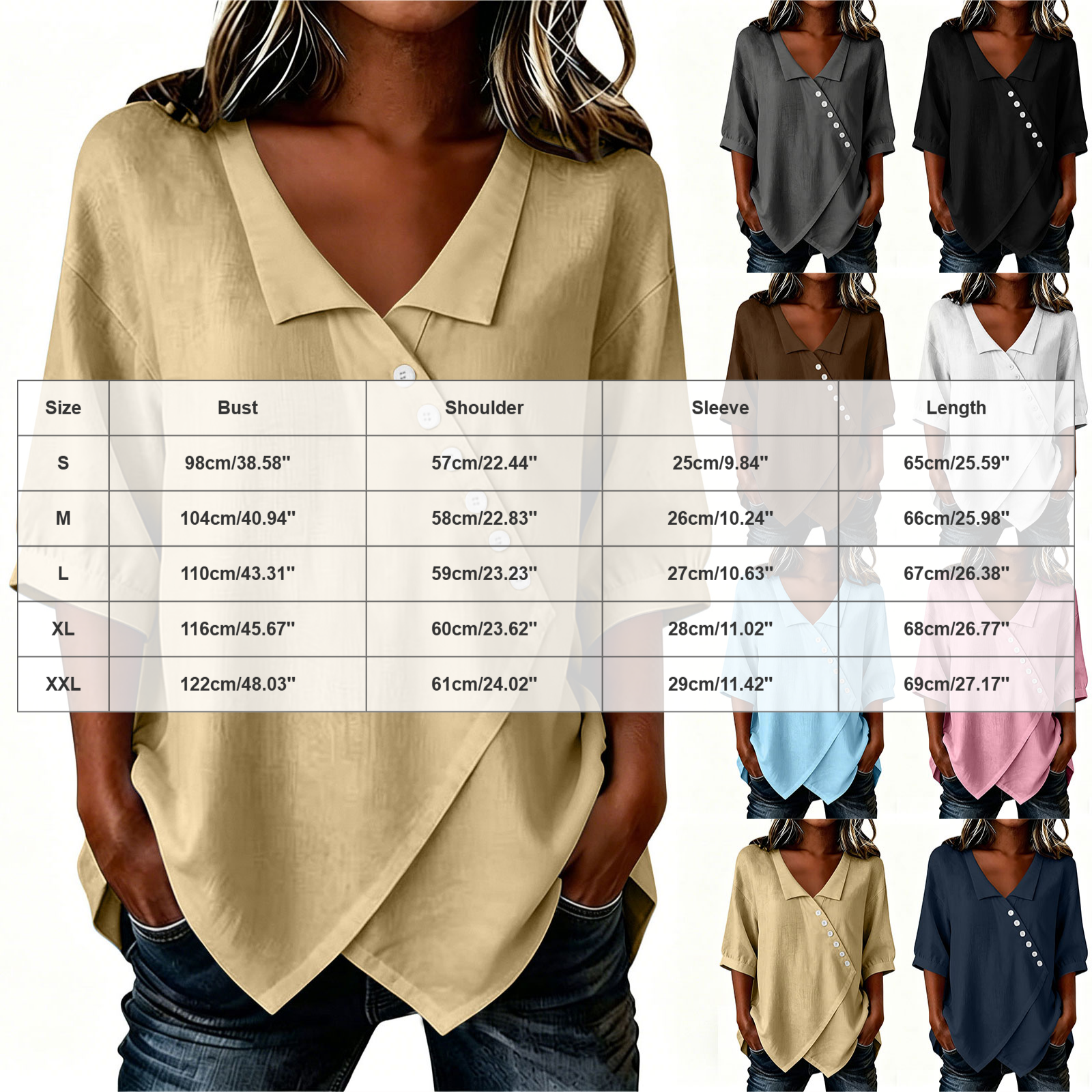 Blouses Femme Tendance 2026 – Blusas Mujer Élégantes en Coton et Lin pour l'Été – Tunique Décontractée à Col V et Manches Mi-Longues pour Dames