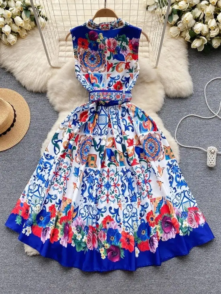 Robe de soirée élégante pour femme, robe trapèze mince avec ceinture, robes à fleurs imprimées, robe midi taille haute vintage pour femme, été