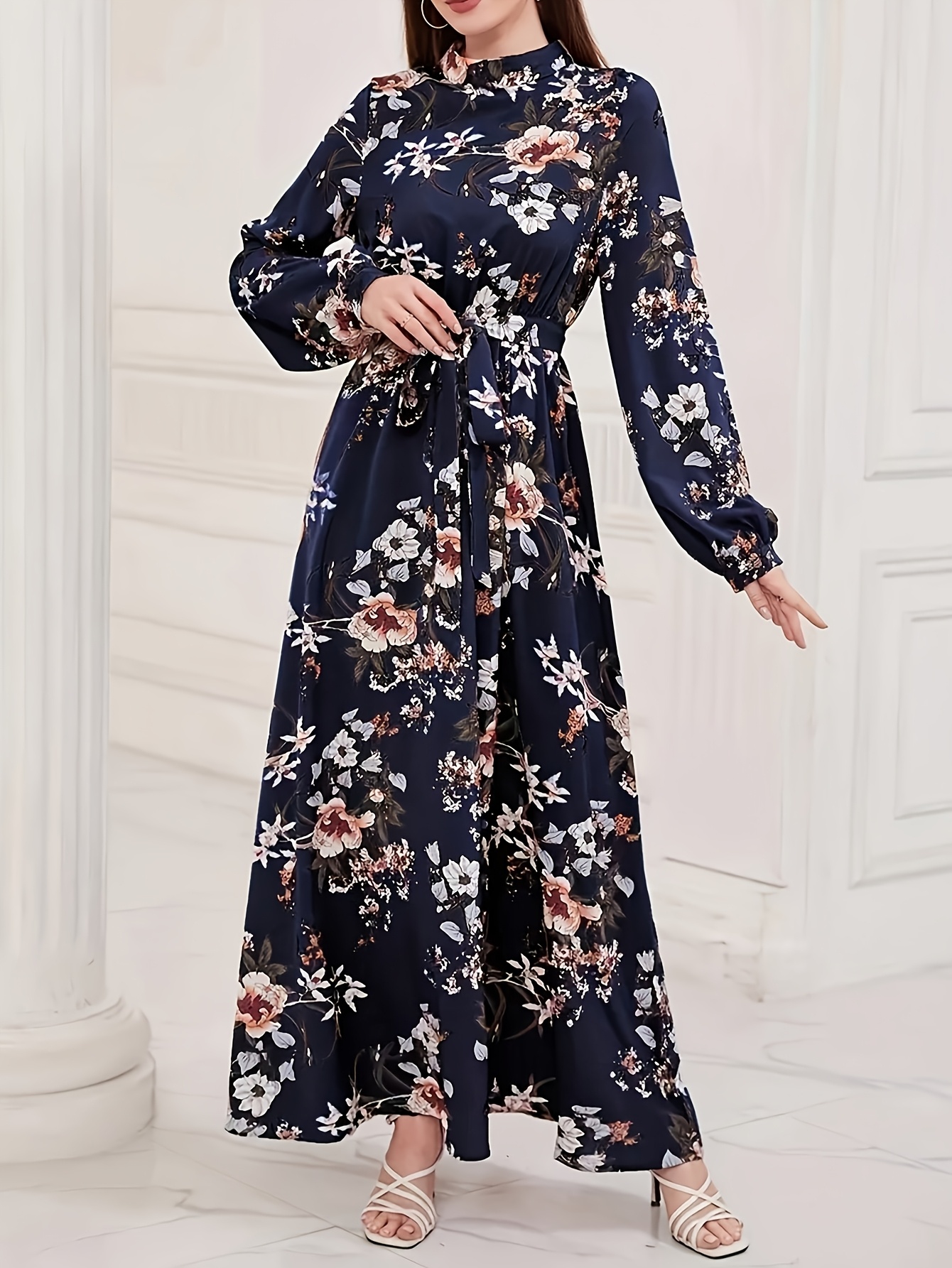 Robe longue ample pour femme, élégante, à imprimé floral, avec ceinture à nouer, col imitation, manches longues, pour le Ramadan