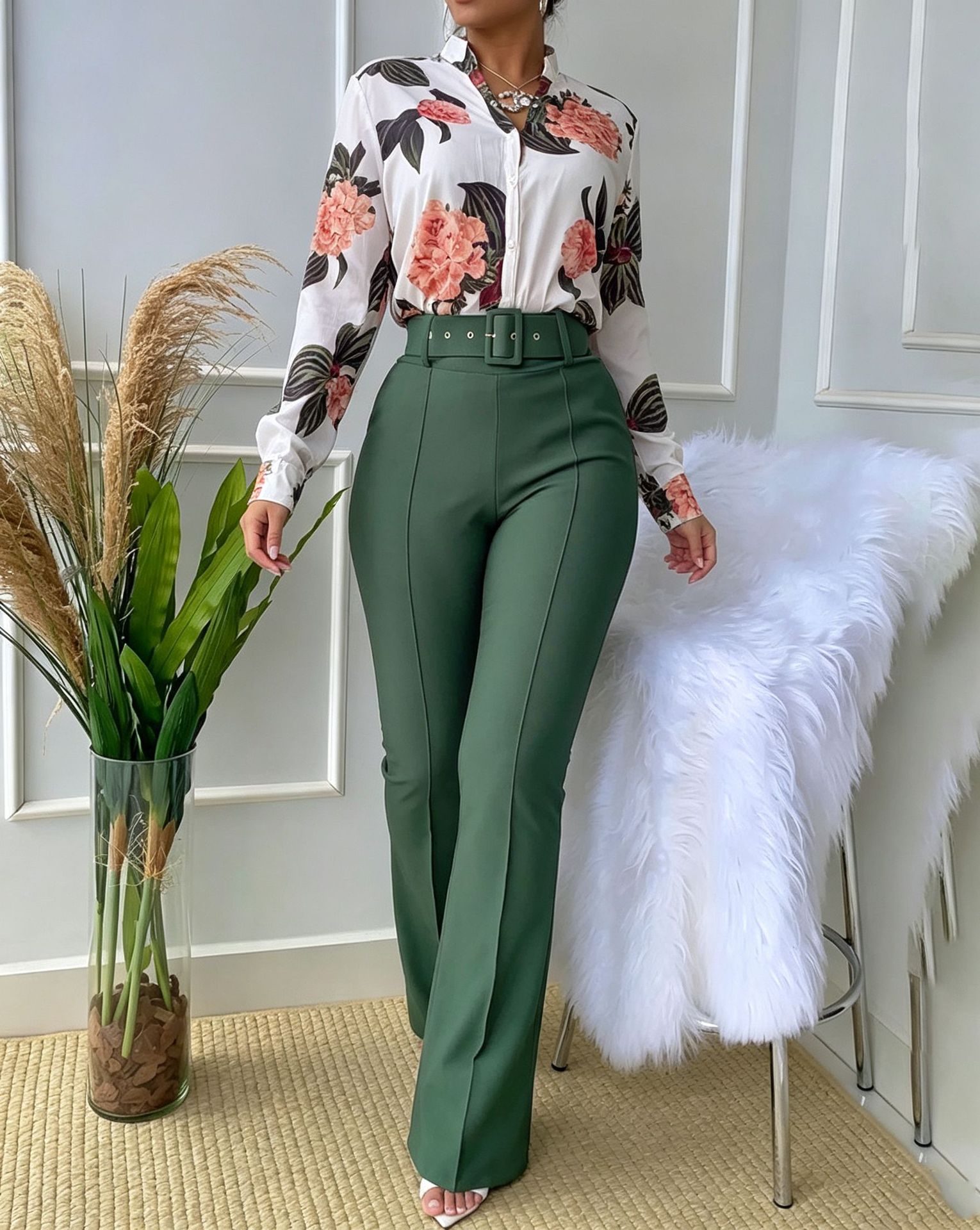 Ensemble élégant pour femmes automne 2026, comprenant un haut à manches longues à col montant imprimé et un pantalon droit, ensemble décontracté deux pièces.