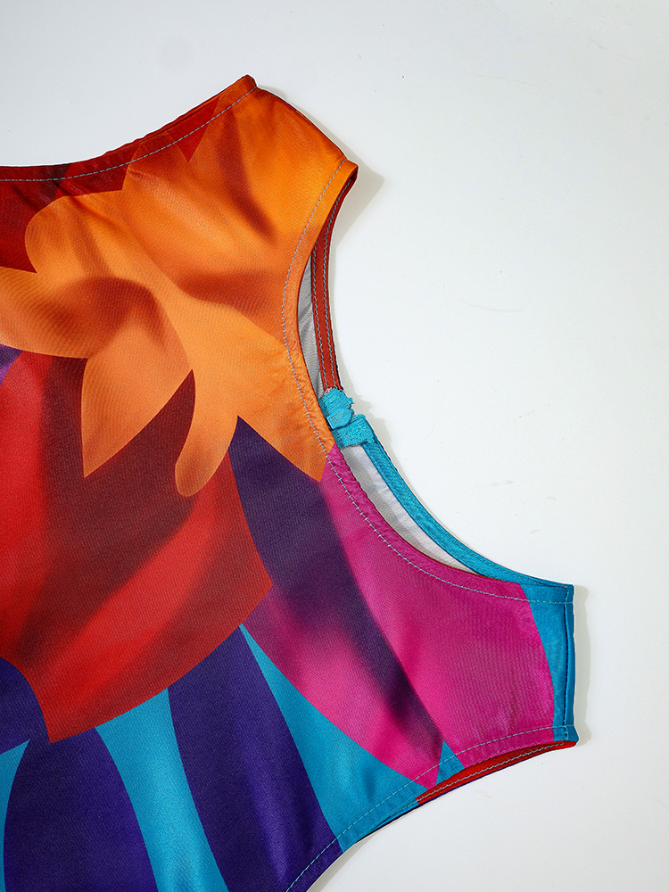 Robe débardeur imprimée florale pour femmes, col rond plissé, ligne a, Vintage, décontractée, élégante, ethnique, sans manches, robe longue d'été