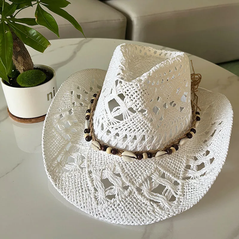 Chapeau de paille bohème d'été pour femmes et hommes, chapeaux de Cowboy de plage, perles en bois ajourées, chapeau de soleil occidental à large bord, casquette de vacances