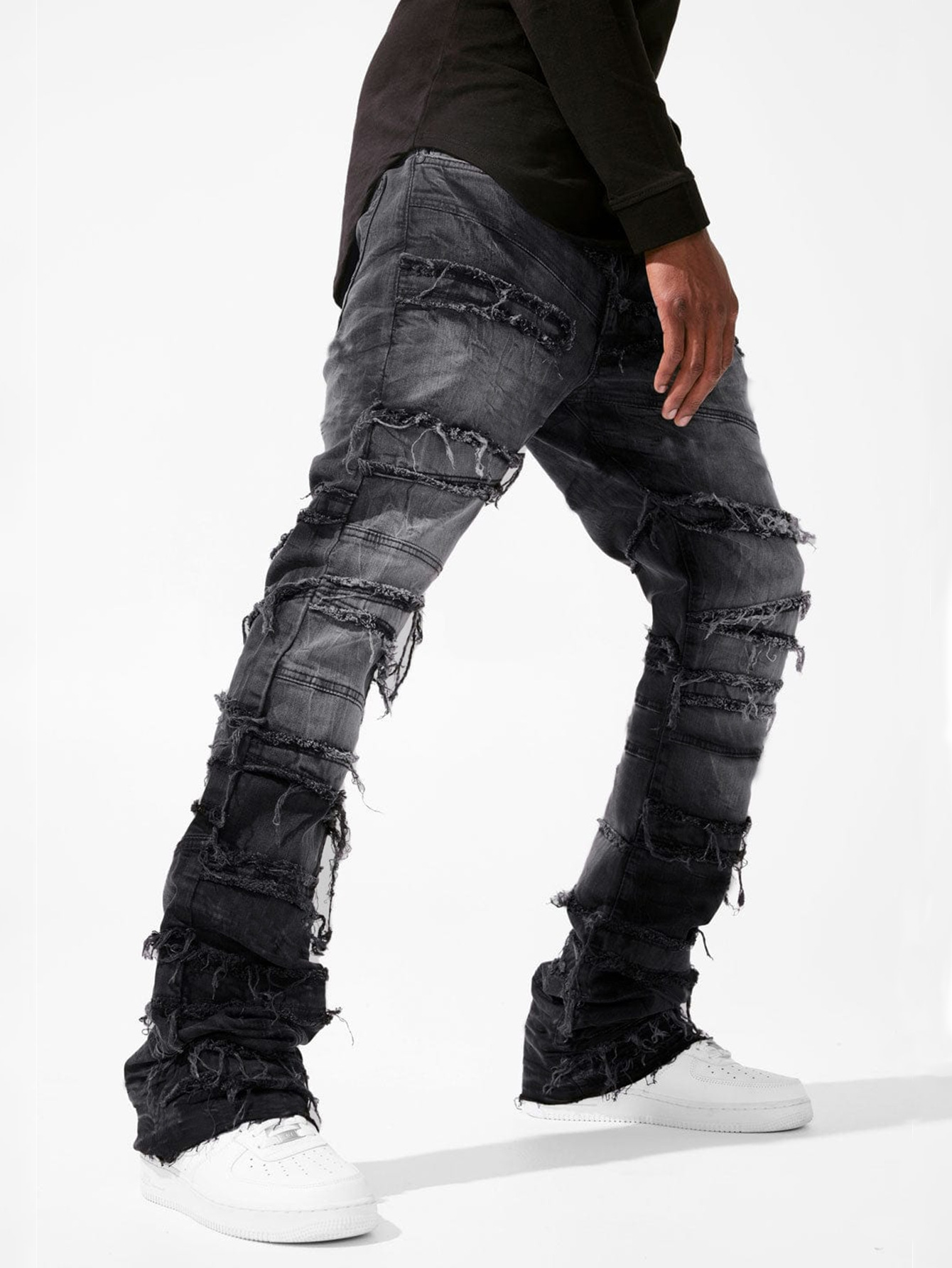 2025 nouveaux jeans empilés hommes patchwork épissé Denim déchiré lavage effiloché pantalon homme Streetwear hommes gland moto jean