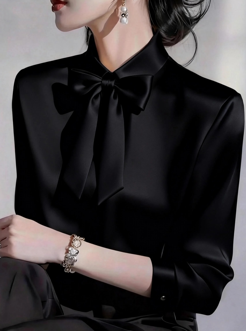 Chemise élégante en satin à nœud papillon pour femmes, manches longues, chemise de bureau formelle