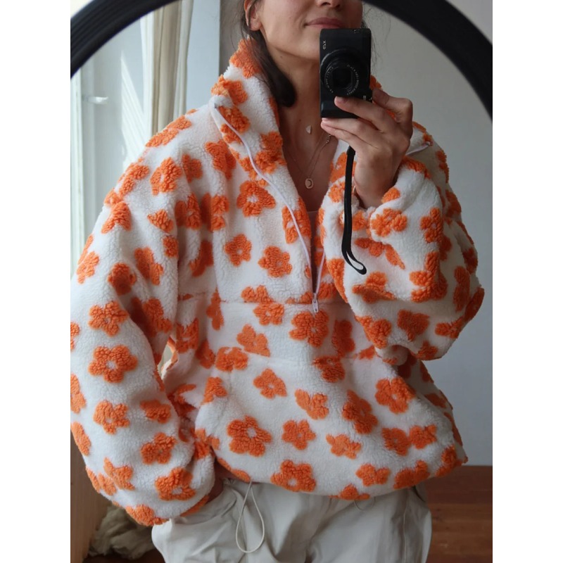 Pull en polaire à fleurs tendance pour femmes 2026, pull en coton, ample, chaud, col montant en fourrure, fermeture éclair