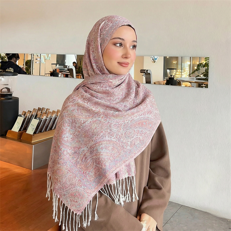 Écharpe Paisley Femme Effet Cachemire Pashmina Châles à Pompons Hijab Foulard Hiver Femme Écharpes Foulard Bufanda 2026