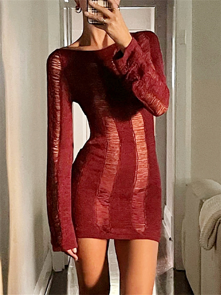 Robe en tricot déchirée à manches longues pour femmes, mini robe dos nu, robes E-Girl sexy, club, été, automne