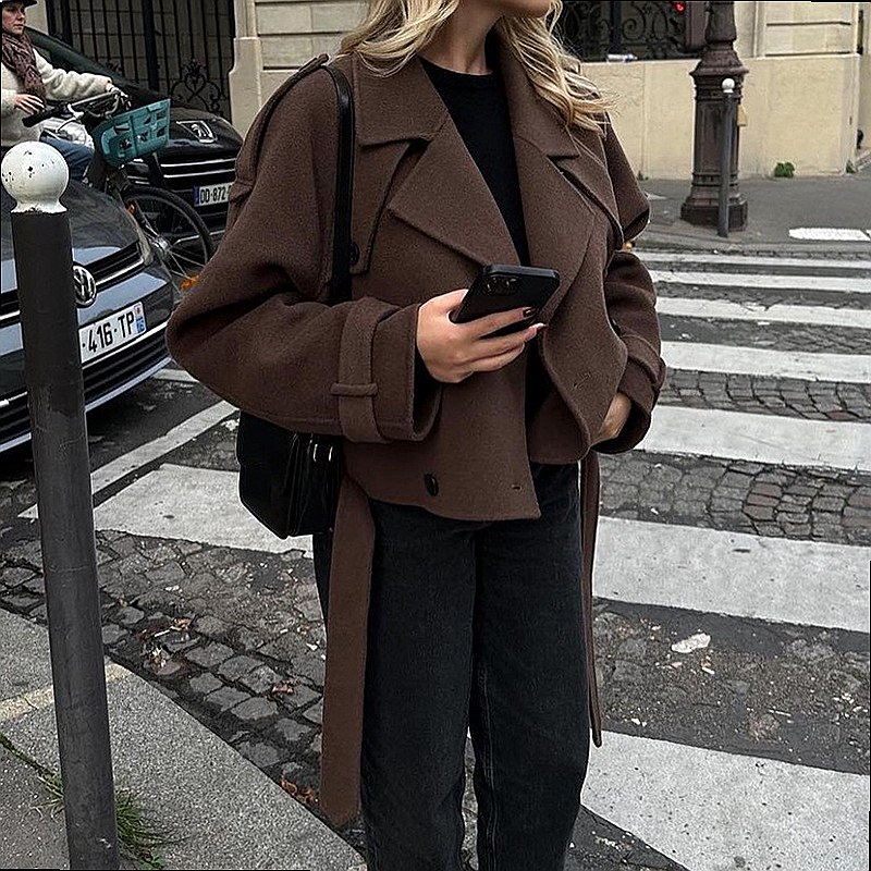 Manteau classique en laine avec revers crantés et ceinture, manteau court pour femmes, vêtements d'extérieur pour le printemps et l'automne, manteaux élégants