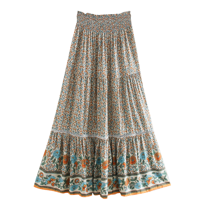 Boho Dinner ens-Jupe de plage beige à imprimé floral pour femmes, taille haute élastique, rayonne, coton plissé, maxi gitane