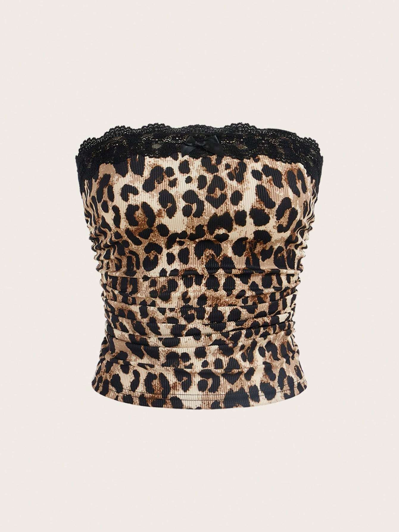 Haut court bandeau sans bretelles en maille côtelée à imprimé léopard avec dentelle sexy pour femme, coupe ajustée décontractée, dos nu, taille plissée 2026