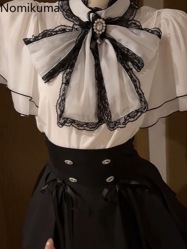 Vêtements japonais pour femmes, ensemble 2 pièces, chemisier à manches évasées avec nœud, taille haute, jupe plissée trapèze, costume de tempérament, tenues d'été