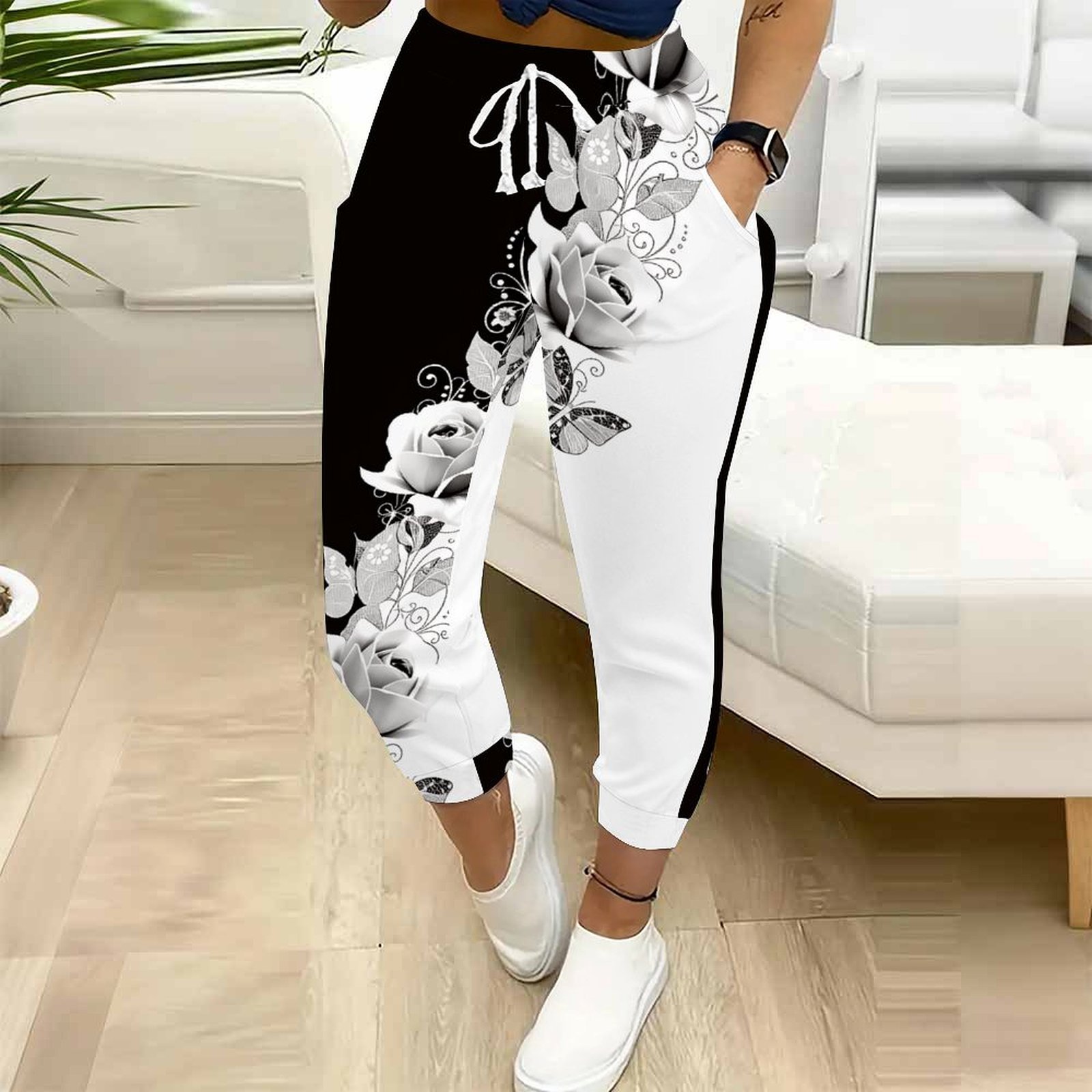 Pantalon de jogging décontracté pour femme, imprimé roses noir et blanc, taille haute avec cordon de serrage, poches, pour le quotidien, la détente et le streetwear