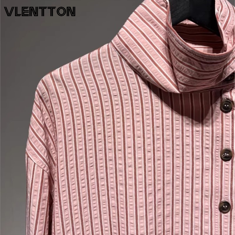 Nouvelle Collection Printemps 2026 – Chemise Rose Rayée à Col Montant pour Femme, Décontractée, Boutonnée, Manches Longues, Coupe Ample et Polyvalente