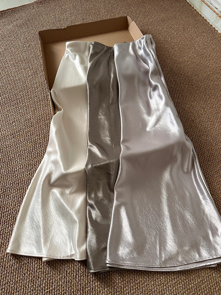 Jupe mi-longue en satin épais et brillant, élégante, silencieuse, de luxe, basique, taille haute, toutes saisons
