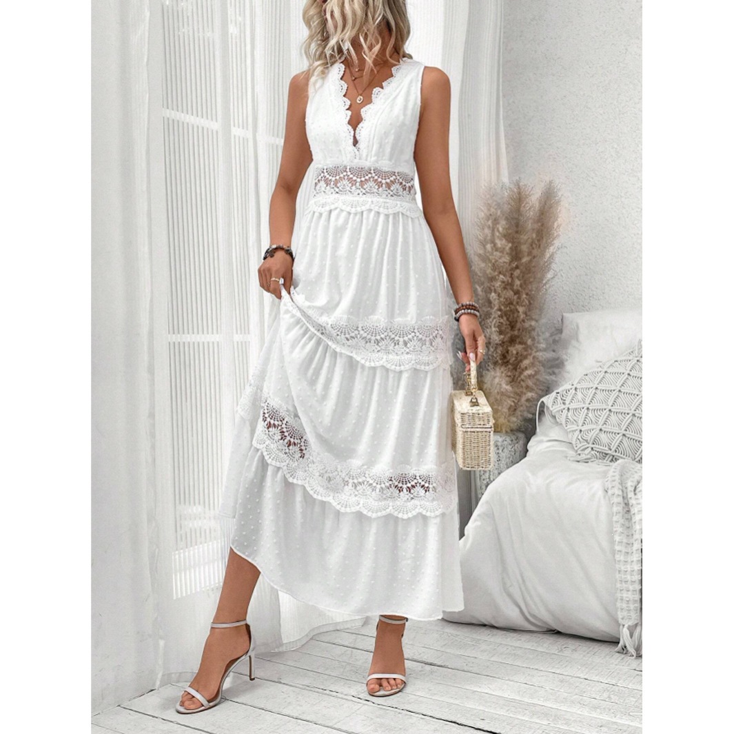 Robe longue décontractée pour femme, nouvelle collection Printemps-Été 2026, couleur unie, avec empiècements en dentelle, col en V, sans manches, taille haute, dos nu, pour le quotidien