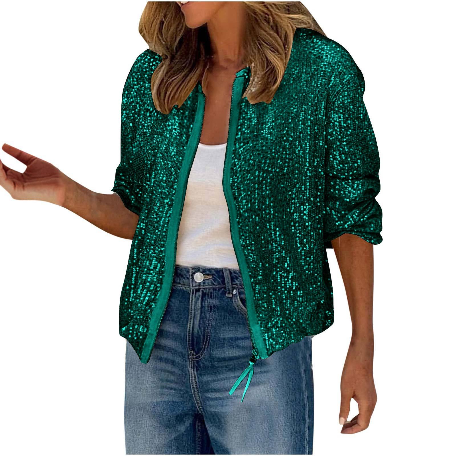 Veste à paillettes scintillantes pour femmes, coupe cintrée, couleur unie, fermeture éclair, manteaux à la mode, boîte de nuit, Streetwear, manteaux à paillettes brillantes pour femmes