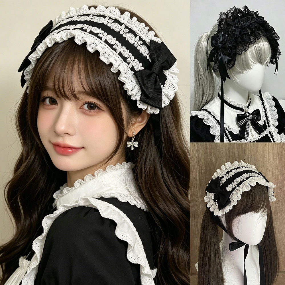 Serre-tête Gothique Lolita à volants en dentelle avec nœud, bandeau vintage Y2K, accessoire de cheveux doux pour cosplay, décoration de coiffure pour fête et anime