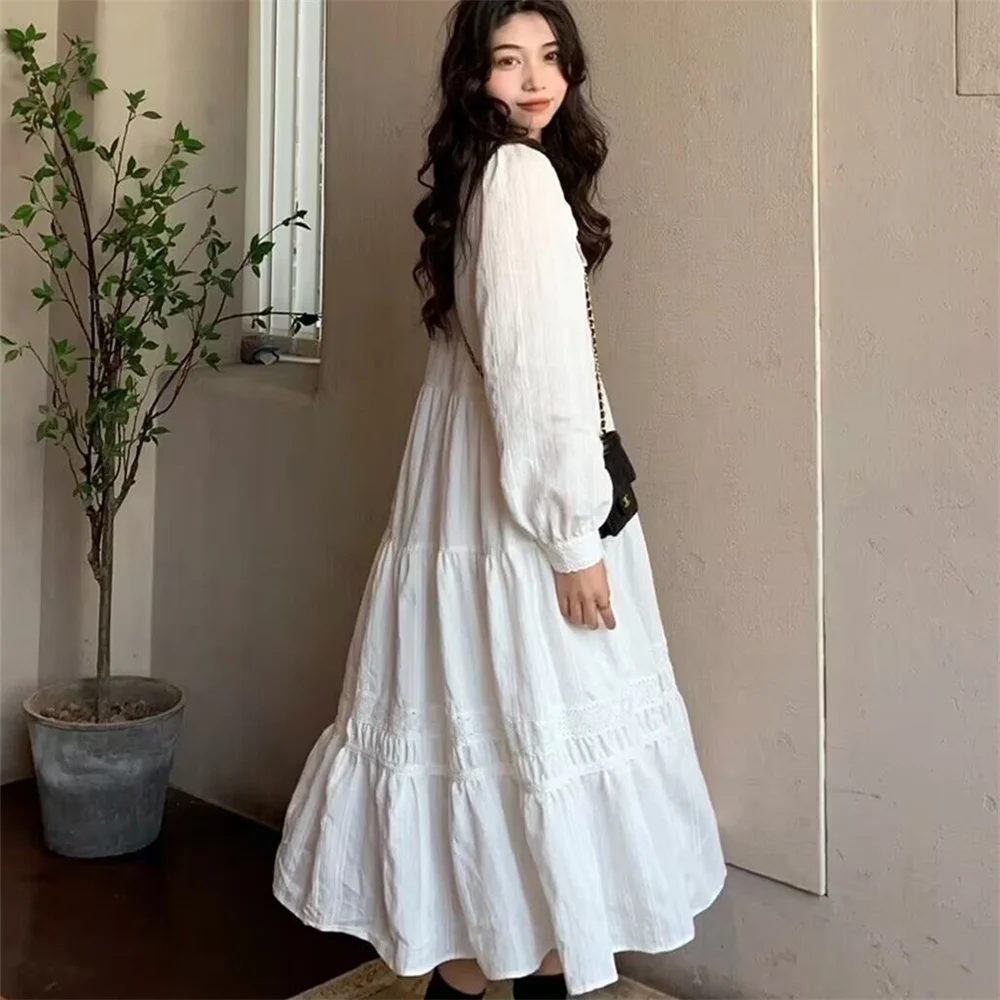 Mode coréenne Simple étudiant robe blanche robe mi-longue femmes doux ample à volants Style français décontracté vacances lanterne manches doux