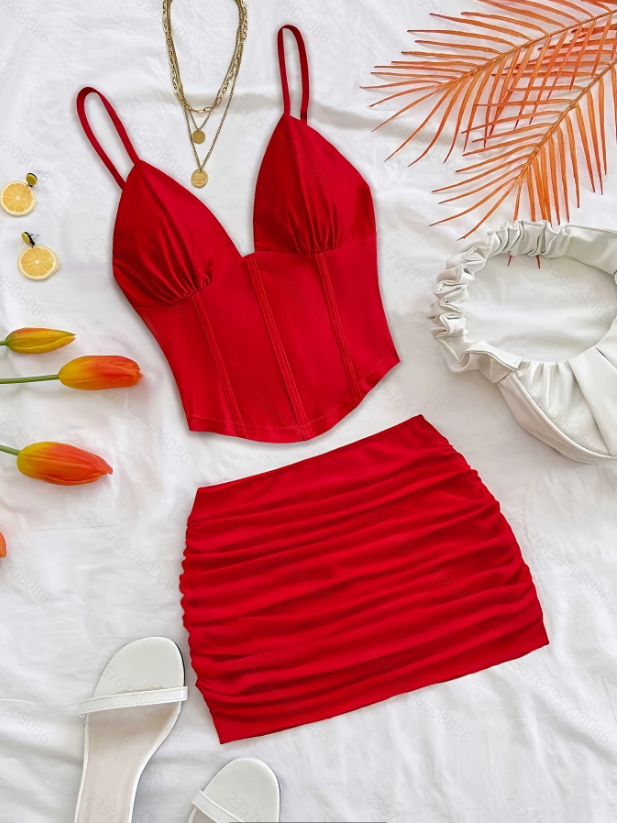 Ensemble jupe pour femme – Nouveauté été – Bretelles spaghetti – Col en V – Coupe ajustée – Mini-jupe sexy – Ensemble deux pièces – Tenues pour femmes