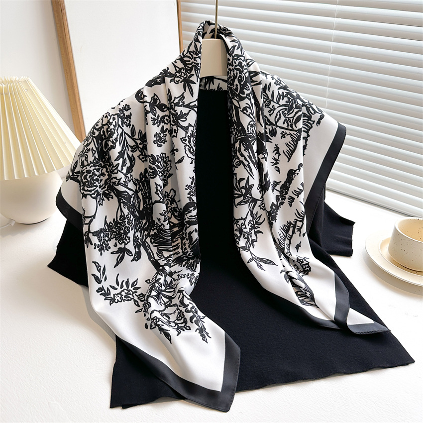 Foulard Carré à Imprimé Floral pour Femme, 90x90cm, Écharpe Design de Marque de Luxe, Motif Floral, Oiseau sur Arbre, Mouchoir, Bandana, 2024