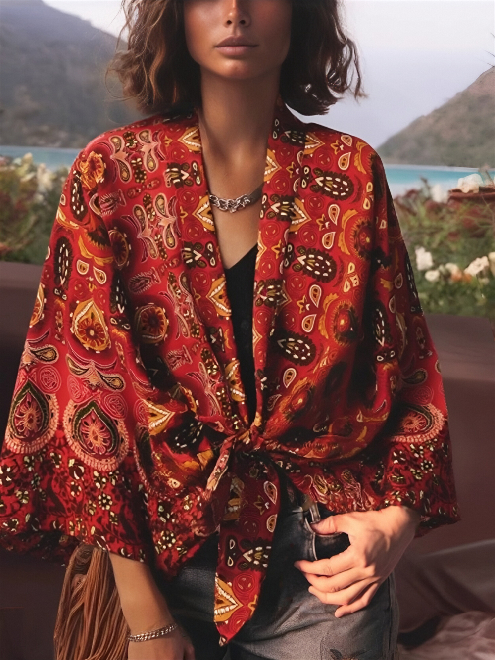 Boho Dinner ens-Robe courte pour femmes, maillots de bain kimono, rouge floral, manches chauve-souris, rayonne, bohème, bikini, couvertures, vêtements de plage, mode
