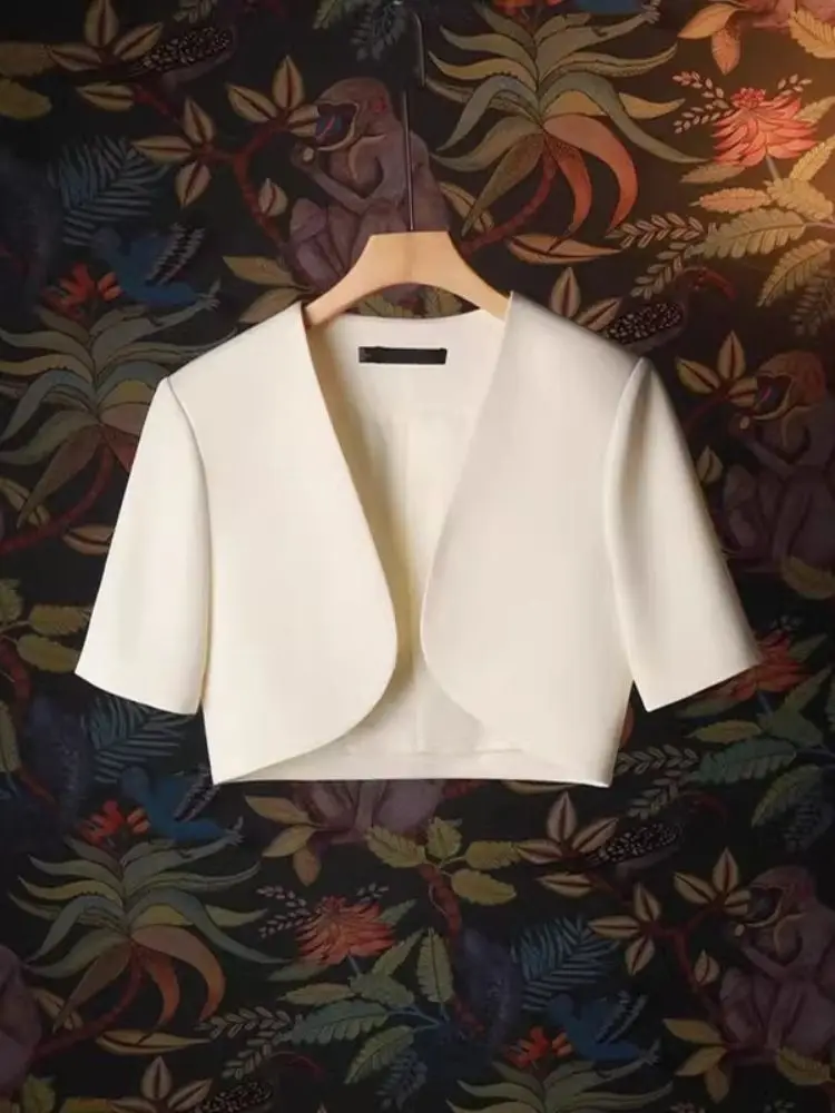 Veste châle courte pour femmes, manches courtes, col en v, costume à la mode, Cardigan d'été