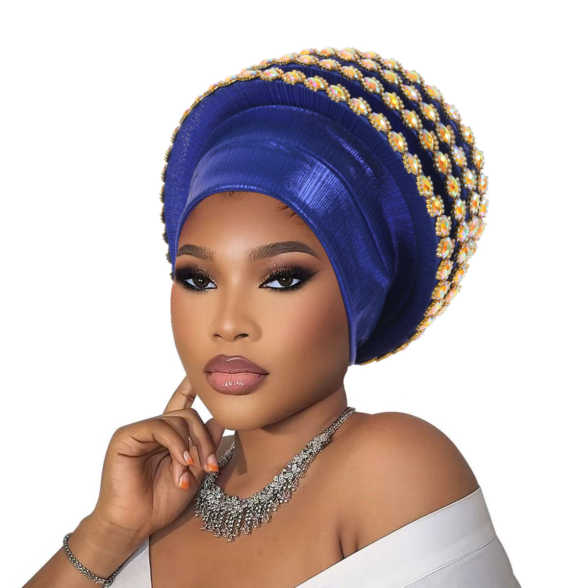 Chapeaux de soirée élégants pour femmes, pour mariage africain, été et automne, couleur unie, avec diamants, turbans africains pour femmes