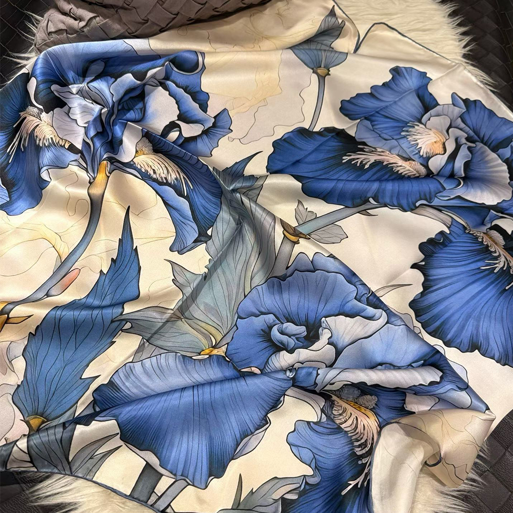 [BYSIFA] Foulard carré en soie 100% pour femme, bleu et blanc, pour le printemps, l'automne et l'hiver, châle, foulard de tête, hijab, accessoires de mode