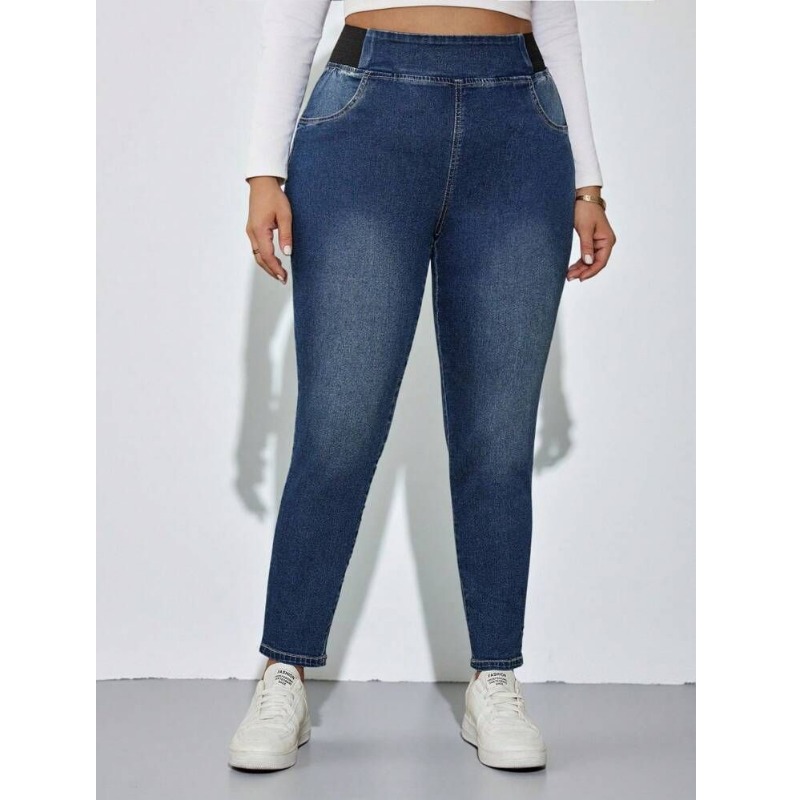 Jeans pour femmes grandes tailles, pantalon en denim décontracté à taille élastique, adapté aux trajets quotidiens, denim délavé, tendance, polyvalent, amincissant