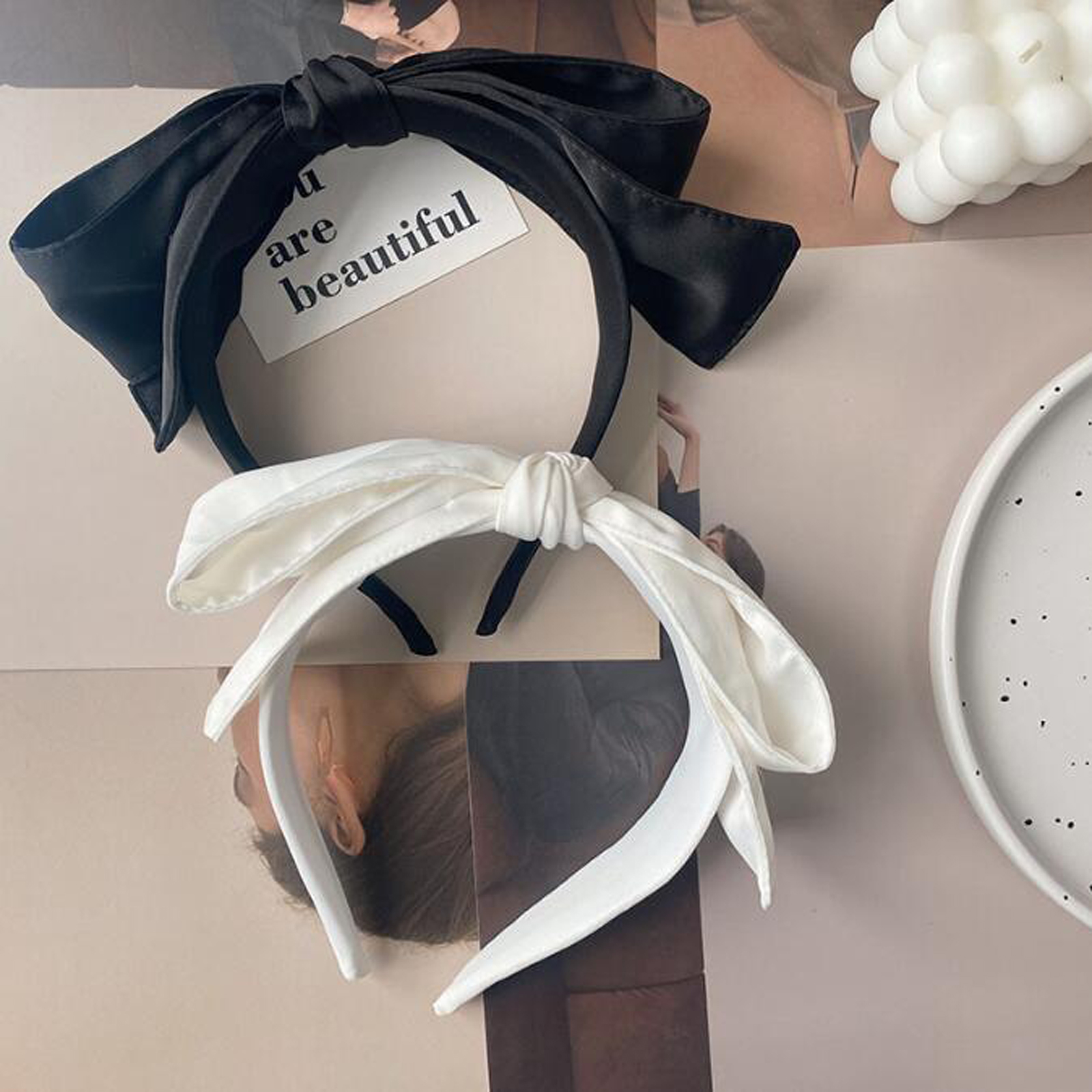 PROLY-Turban double couche avec gros nœud papillon pour femme, bandeau de sauna, noir et blanc, accessoires pour cheveux pour filles, nouvelle mode, automne