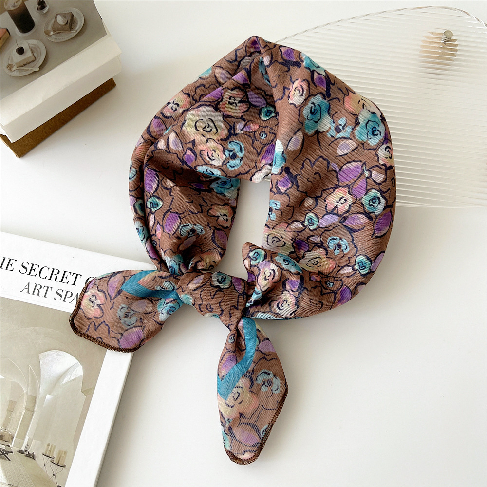 Foulard carré en coton et lin de 55 cm pour femmes, style coréen chic, bandeau décoratif tendance, foulard floral pour le cou, idéal printemps-été