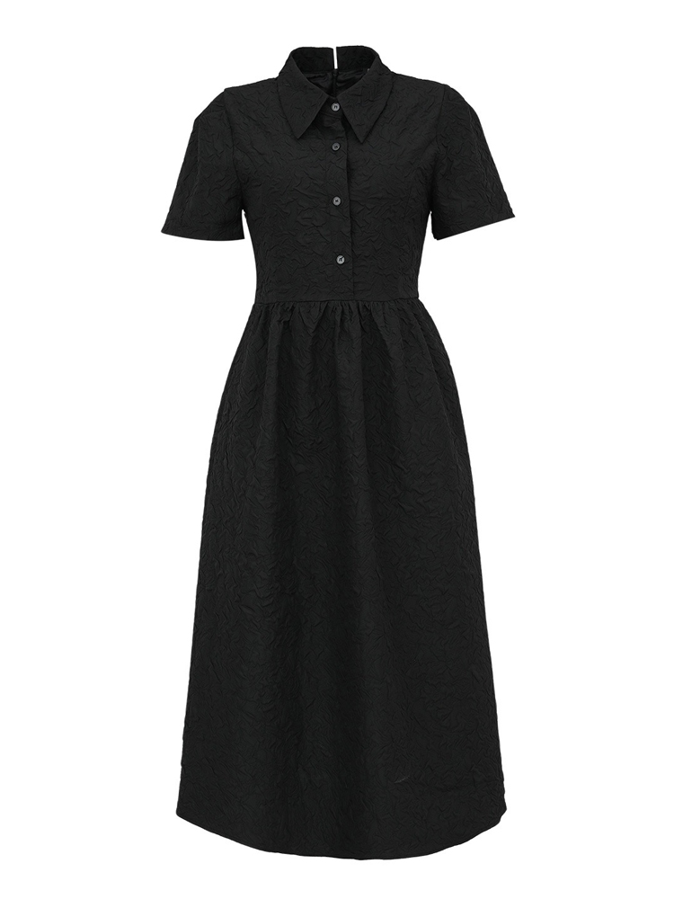 Robe trapèze tendance pour femme, manches courtes, col rabattu, en tissu Dobby, noire, pour l'été