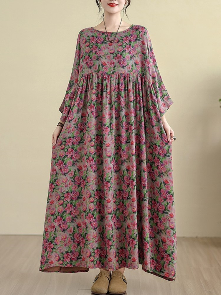Surdimensionné coton vintage floral nouveau dans les robes pour les femmes décontracté ample longue printemps automne robe vêtements élégants 2025