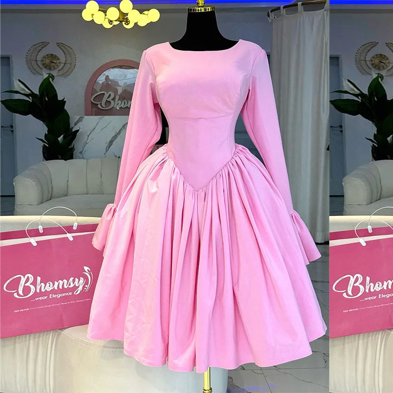 Robe mi-longue pour femmes, ligne A, plissée, col rond, décontractée, élégante, rose, tenue de soirée, taille haute, nuit, mariage, à lacets
