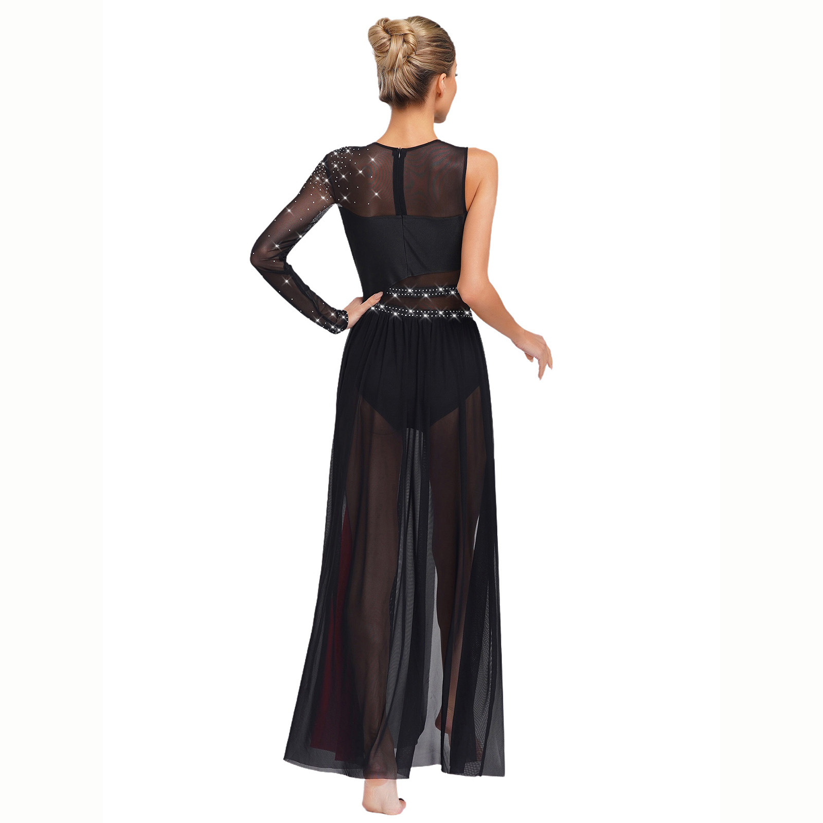 Robe de danse lyrique pour femmes, strass brillants, fente latérale, maille transparente, bloc de couleur, Patchwork, justaucorps, robe de Ballet moderne