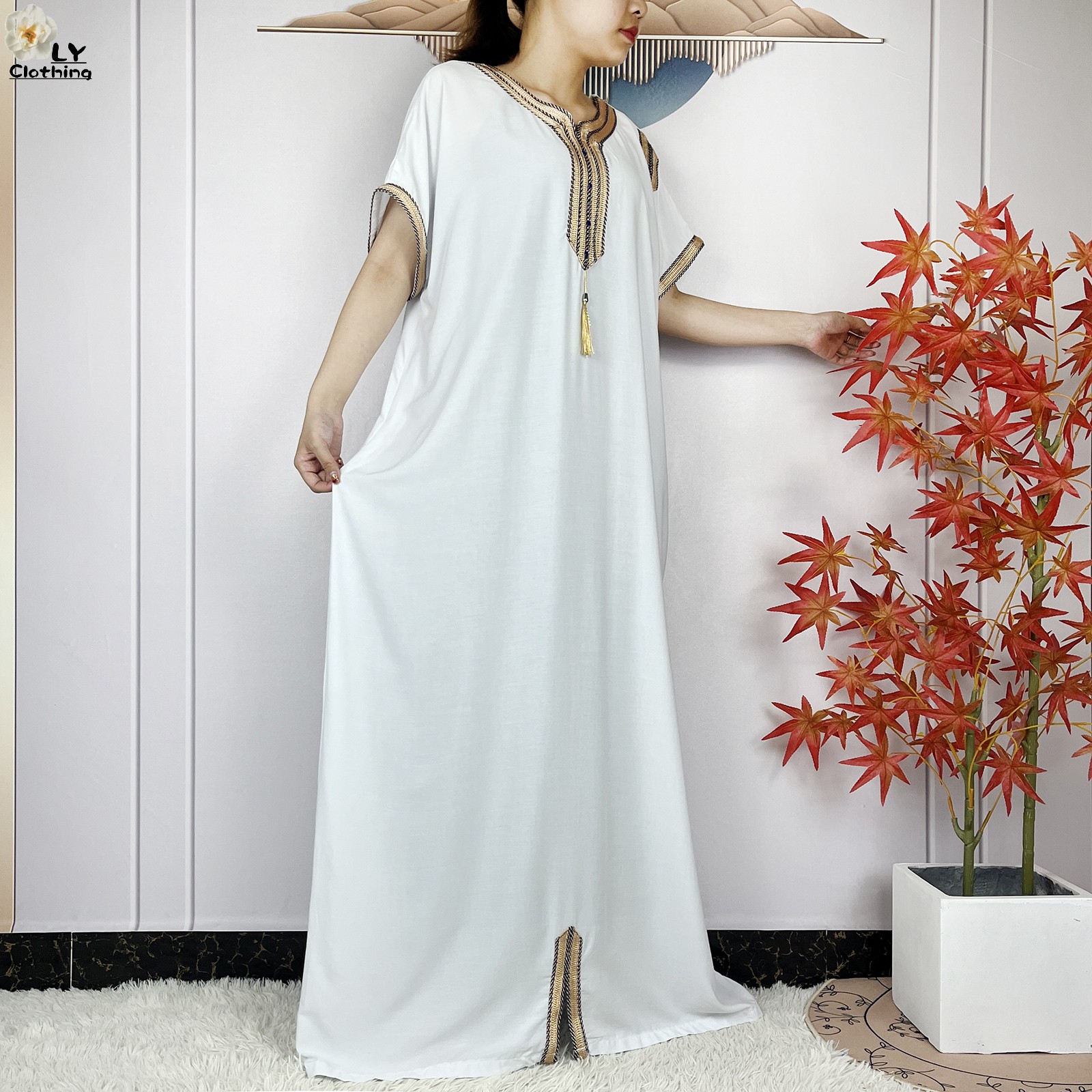 Nouveau Abayas musulman d'été à manches courtes africain Dashiki glands coton Caftan ample dame Maxi Islam robes décontractées avec foulard