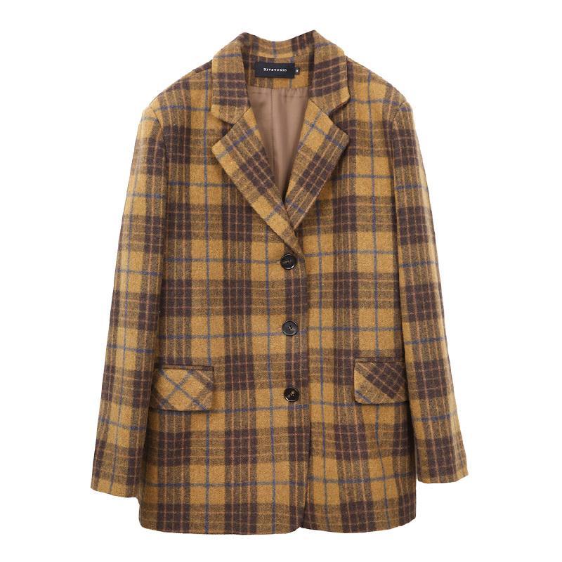 Manteau en laine à carreaux mi-long pour femme, veste chaude de Style coréen, veste à carreaux jaune et marron tendance, automne-hiver 2025