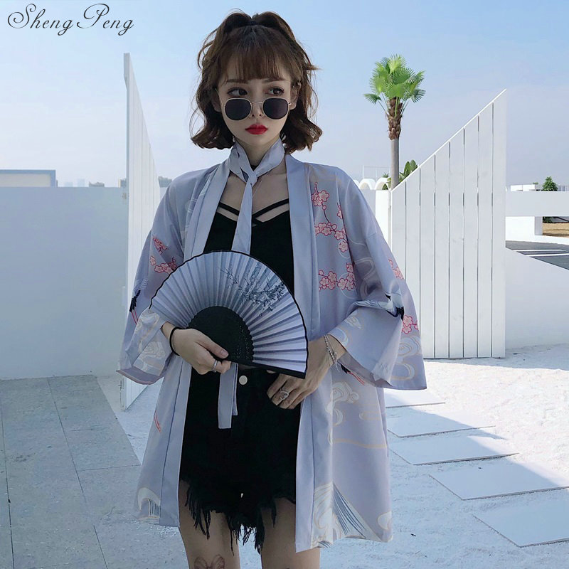 Kimono Yukata japonais, Top d'été 2020, grue à couronne rouge Haori, Kimono japonais Harajuku Boho Yukata pour femmes V1866