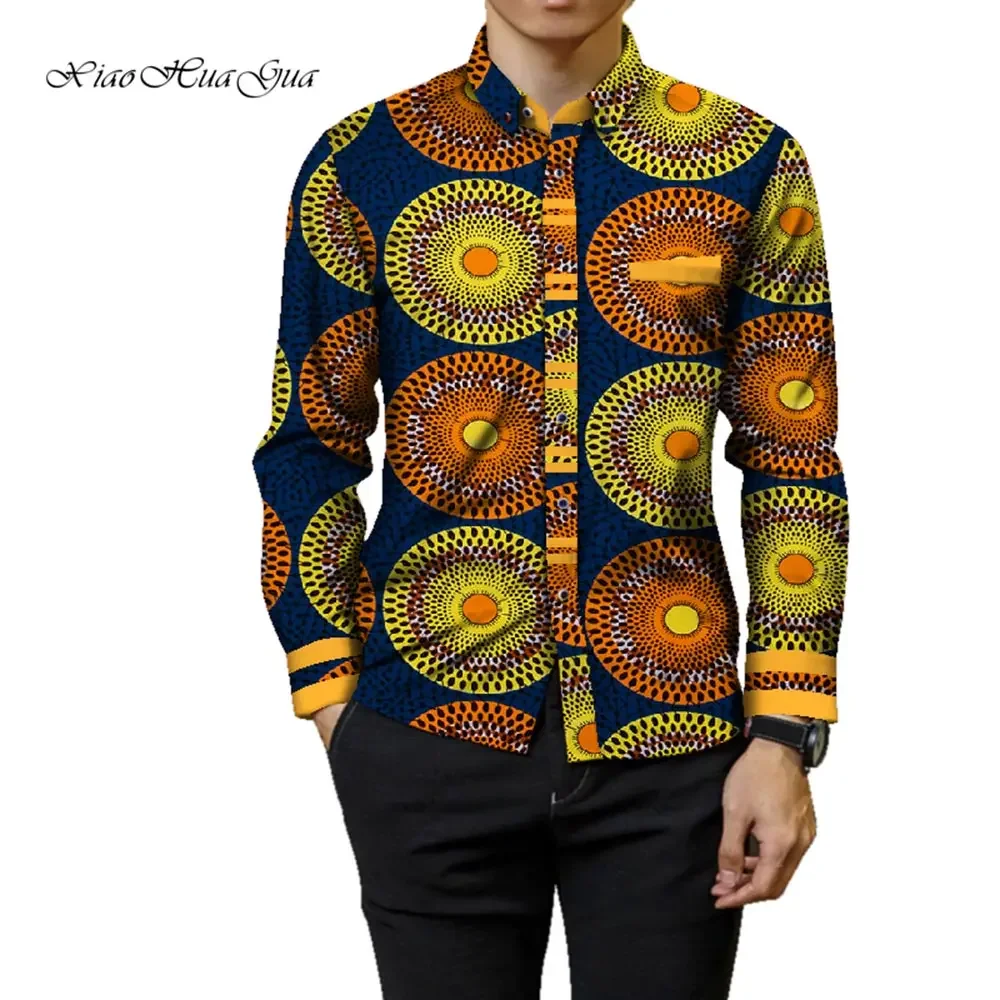 T-shirt à manches longues en coton imprimé africain pour hommes, vêtements de fête à la mode, vêtements Ankara, Wyn905