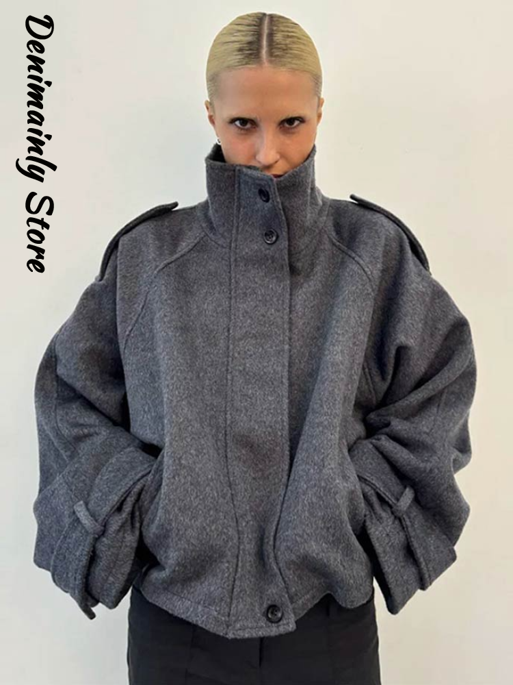 Mode court manteau en laine femmes col montant simple poitrine manches longues veste ample femme 2025 automne solide bureau dame vêtements d'extérieur