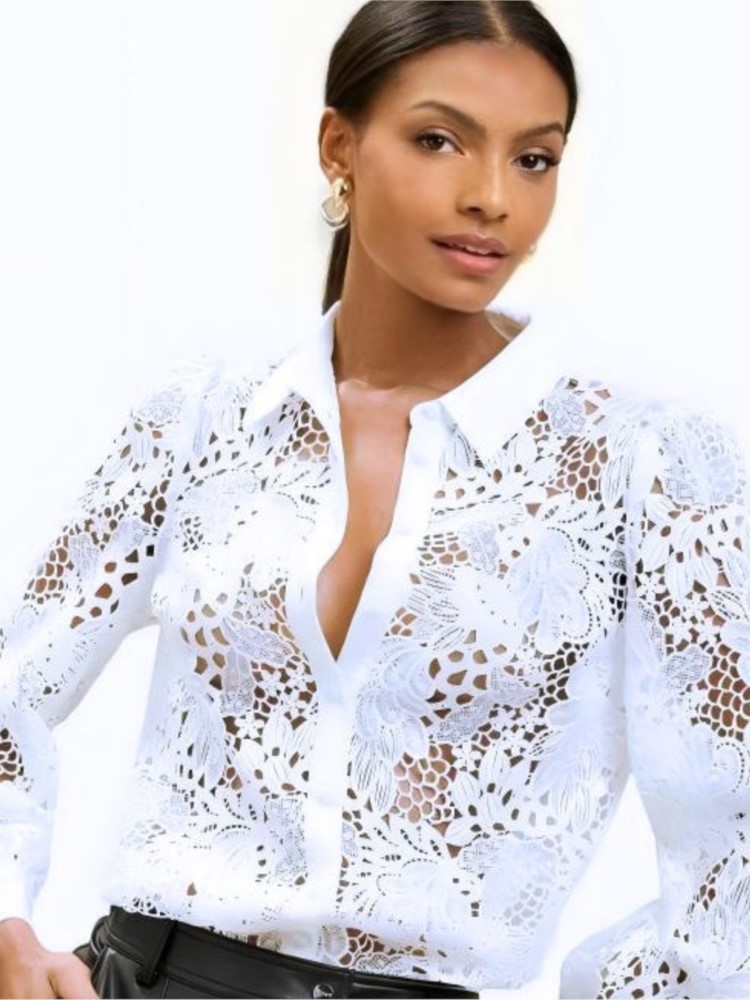 Femme printemps automne nouvelle chemise de couleur unie à la mode dentelle découpe à manches longues ajusté haut à revers 2025 élégant dame Blouses