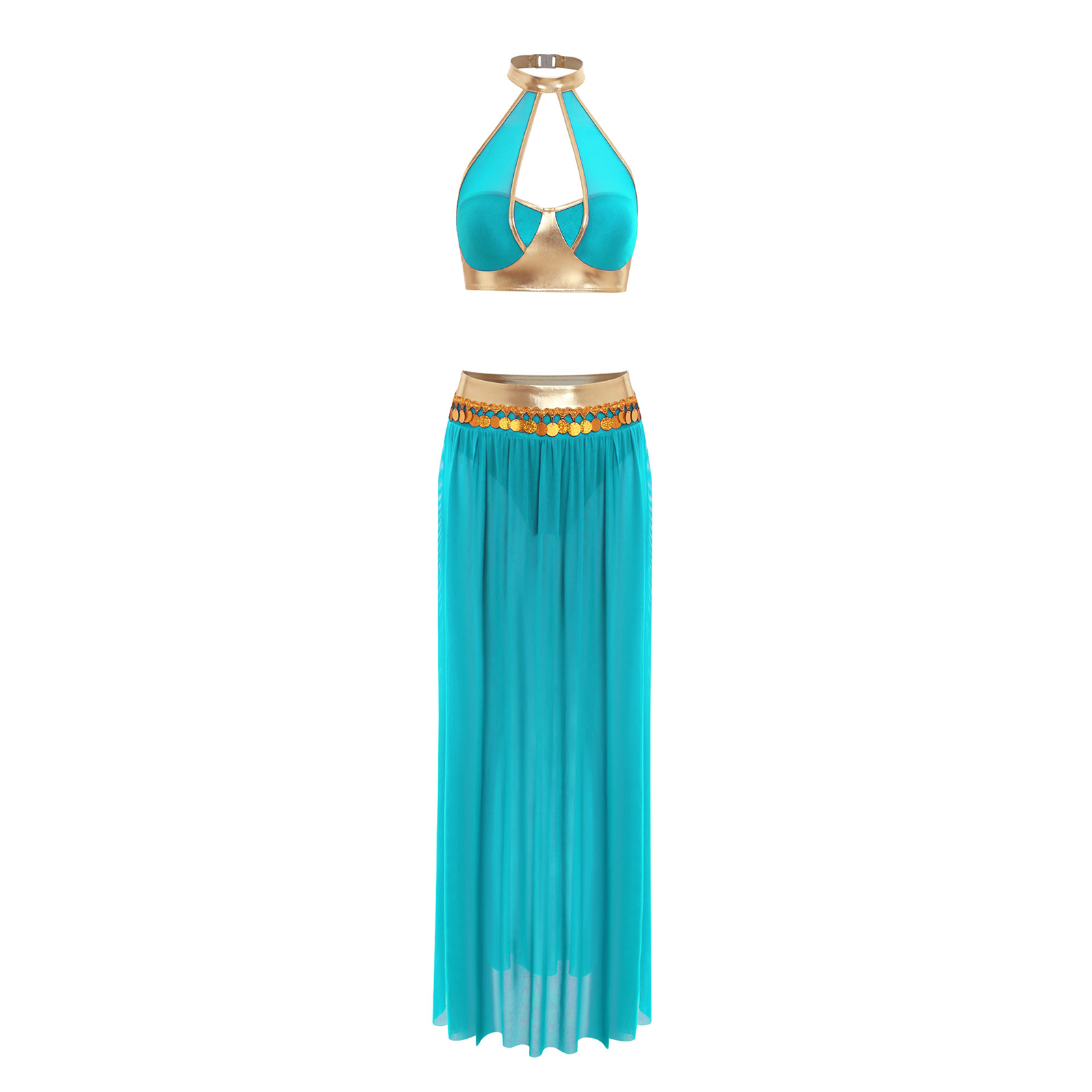 Costume de princesse arabe Sexy pour femmes, haut de soutien-gorge licou avec jupe Maxi fendue haute, tenue de danse du ventre